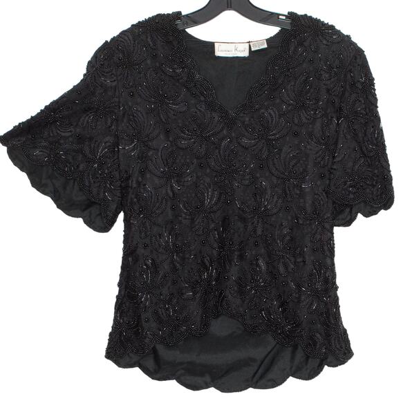 Vintage Laurence Kazar Top Beaded Lace Glam Old Money Romantic Goth Black Small - Picture 1 of 7